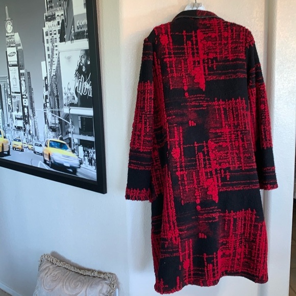 SIMON CHANG wool coat, Red/black great texture shawl collar leather trim 10 EUC - Picture 8 of 17